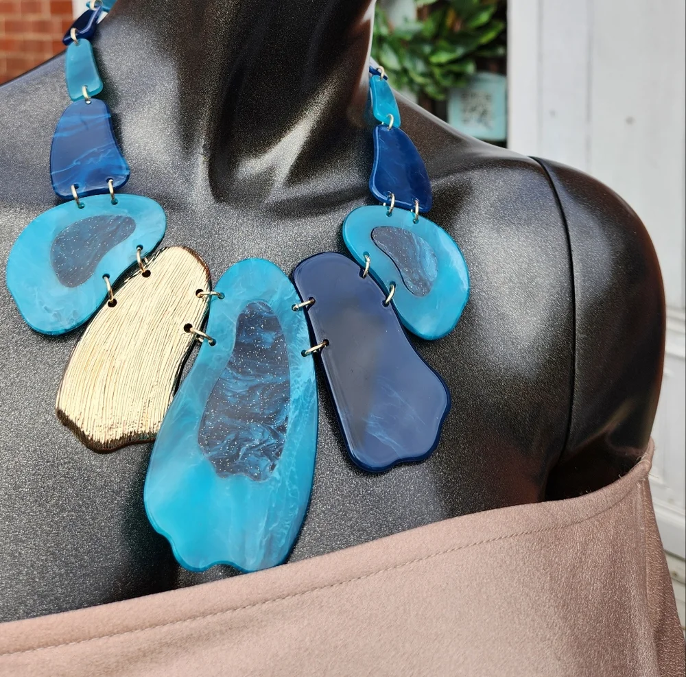 Black, Blue and Goldtone Statement Necklace with Earrings Set - Picture 3 of 15